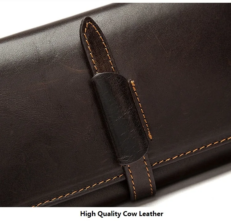 MJ Men's Genuine Leather Wallet Bi-Fold Real Leather Long Wallet for Men Quality Card Holder Male Purse Coin Pocket Dark Coffee (11)