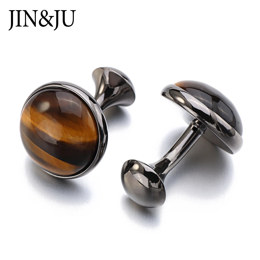 Красивые натуральные запонки JIN & JU из тигрового камня и золотой сетки