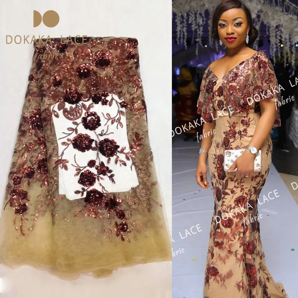 

Beautiful Flower Sequined Net Lace Fabric Brown Color Sequins Embroidery Nigerian Lace 5 Yards / Lot For Lady Dress Sewing Laces