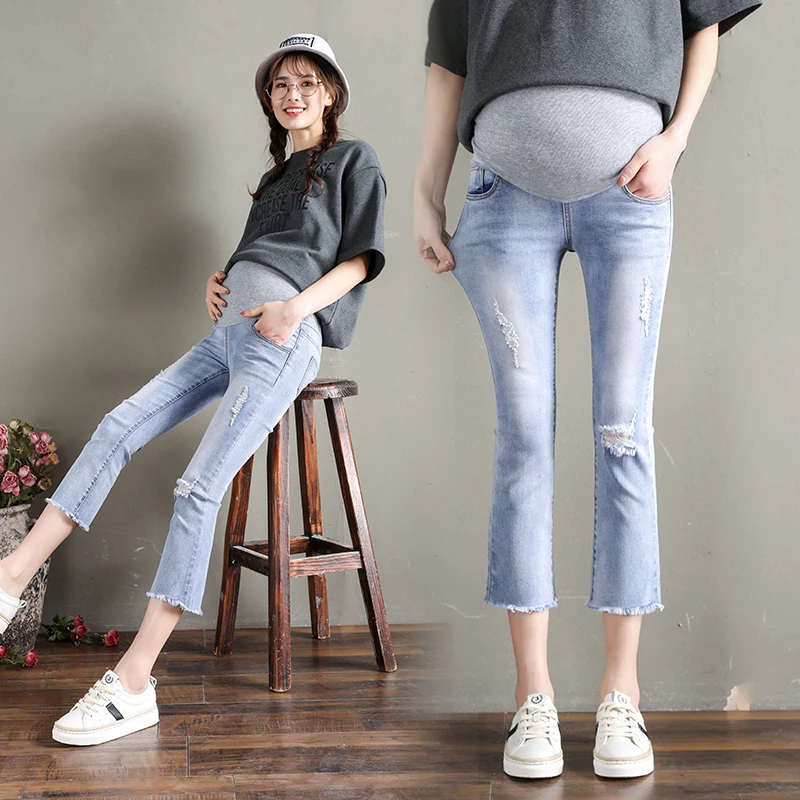 

258# 7/10 Length Ripped Hole Stretch Denim Maternity Jeans Summer Fashion Belly Pants Clothes for Pregnant Women Slim Pregnancy