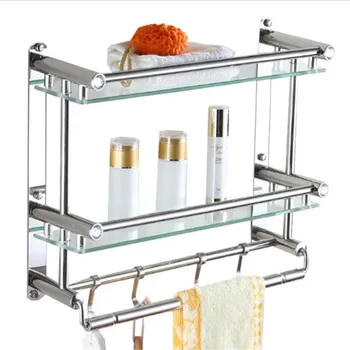 

Bathroom Shelf Polished Silver 304 Stainless Steel Bathroom Shelves Rack with Hooks Single Dual Tier Wall Mounted Corner Shelf
