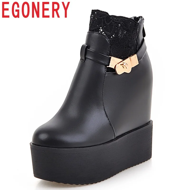 

EGONERY shoes women 2018 new concise casual round toe super high height increasing platform zipper metal decoration ankle boots