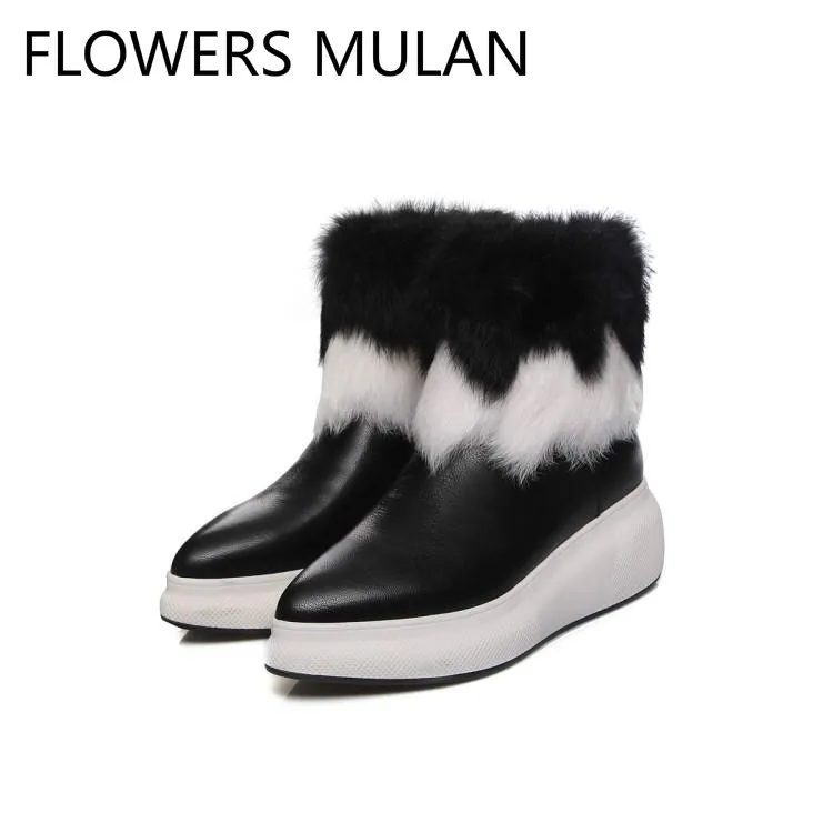 

Black Real Leather Winter Boots Women Chic Pointed Toe Warm Fur Open Snow Boots For Girl Wedges Heel Side Zipper Shoes Woman