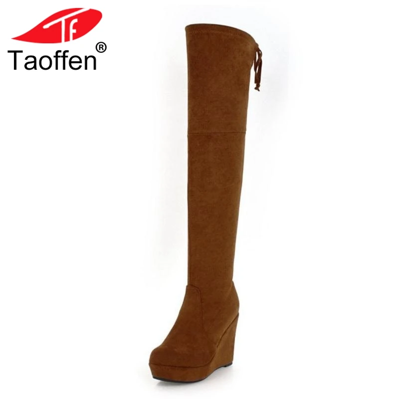 

TAOFFEN Women Thigh High Boots Platform Warm Fur Shoes Woman Winter Wedge Long Boots Fashion Lace Up Footwear Size 34-39