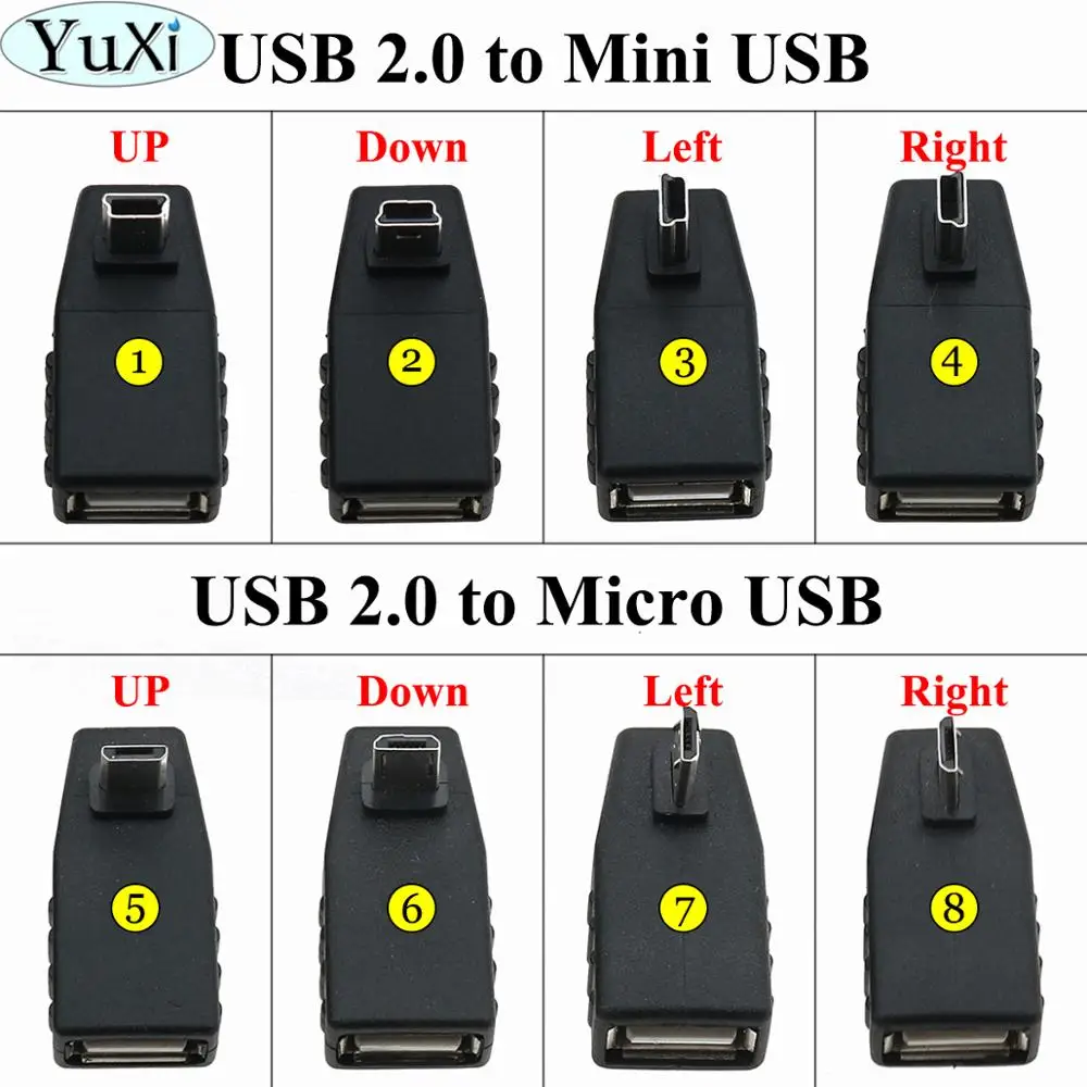 

YuXi USB Female to Mini USB Male 90 Degree UP Down Left right Angle OTG Adapter USB 2.0 to Micro USB Adapter for Car AUX Tablet