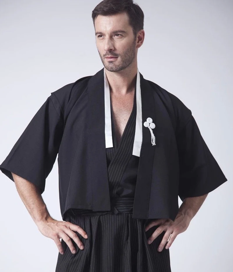 Black Classic Japanese Samurai Clothing Men's Warrior Kimono With Obi Traditional Yukata Haori Halloween Costume One Size B-067