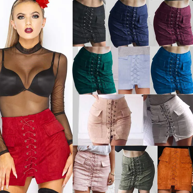 Women High Waist External Pocket Tight Suede Skirt Lace Up Autumn Winter Thick MiniPencil Skirts LF88