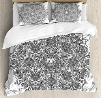 

Mandala Decor Duvet Cover Set Flower and Leaf Old Arabic Ottoman Mandala Chart Life Web Meditation Print Bedding Set Black White