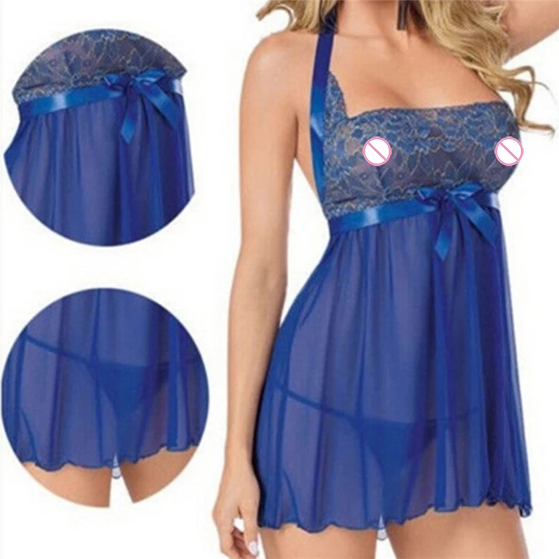 1PC Blue Bow Lingerie Womens Robe Chemise For Women Sexy Lingerie Sleepwear Babydoll Underwear M-3XL Plus Size
