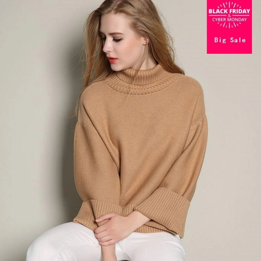 ^Cheap 2019 Spring fashion brand high collar cashmere knit sweater fashion female thicker warm wool Flare sleeve tops wj1845 dropship