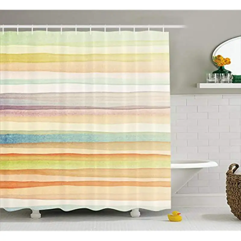 Vixm Pastel Shower Curtain Horizontal Watercolors Stripes Acrylic