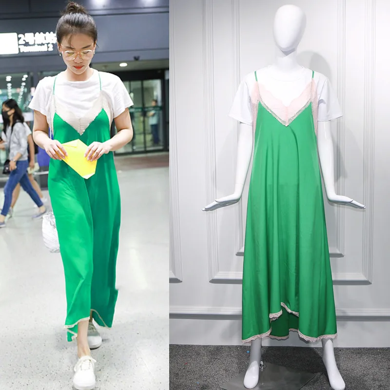 

New 2019 Summer Matthew Airport Irregular dress with the same green V-collar stitching lace strap