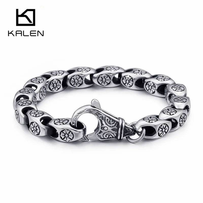 

KALEN Trendy Stainless Steel Link Chain Unisex Bracelets For Men 21.5cm Metal Silver Flower Charm Bracelet Women Men Jewelry