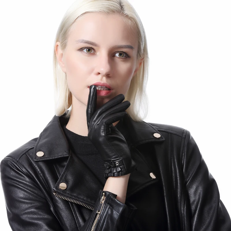 Fashion Autumn/winter Women Leather Gloves Bow Goatskin Glove Solid