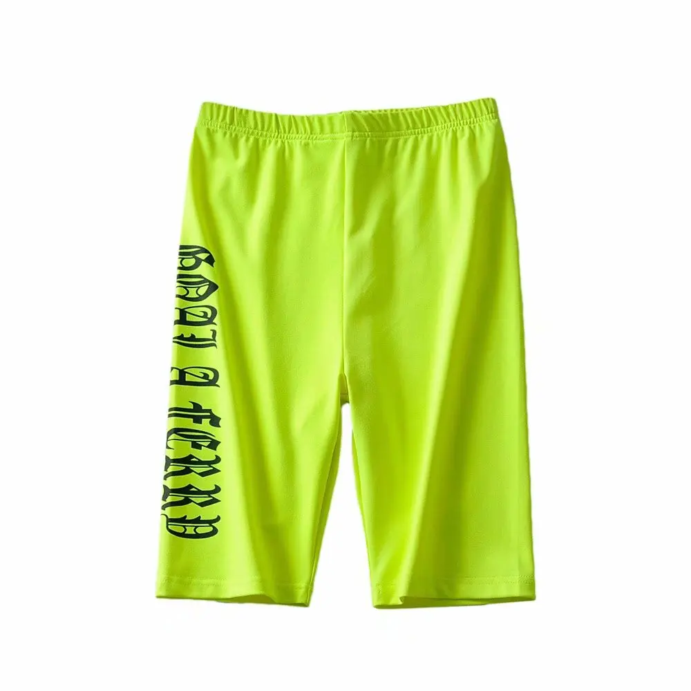 Vintage letters biker shorts women neon green high waist shorts white black shorts cotton short mujer feminino gym clothing