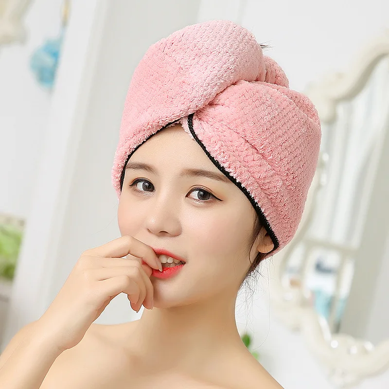 

7-color fashion coral fleece hair towel Microfiber adult wrap cap Super absorbent soft and quick- drying towel Ms. Men's button
