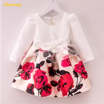 

Baby girls lace flowers dress Rose printing pattern Long sleeve winter bouffant princess dress Wedding dresses for girls