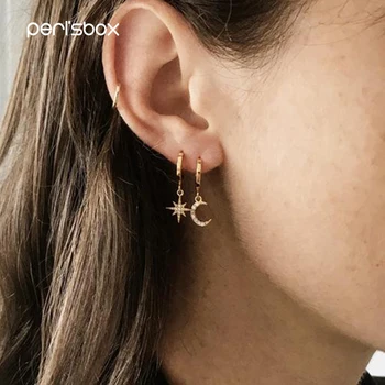 Peri'sBox Cubic Zirconia  Moon Huggie Hoop Earrings for Women CZ Star Charms Small Hoops Dainty Asymmetrical Earrings
