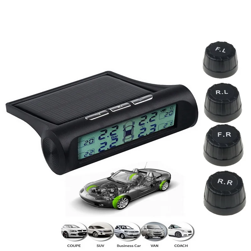 

Car Tire Pressure Monitoring System HD Digital LCD Display Auto Alarm tool Wireless 4 external Sensor USB or Solar Charging