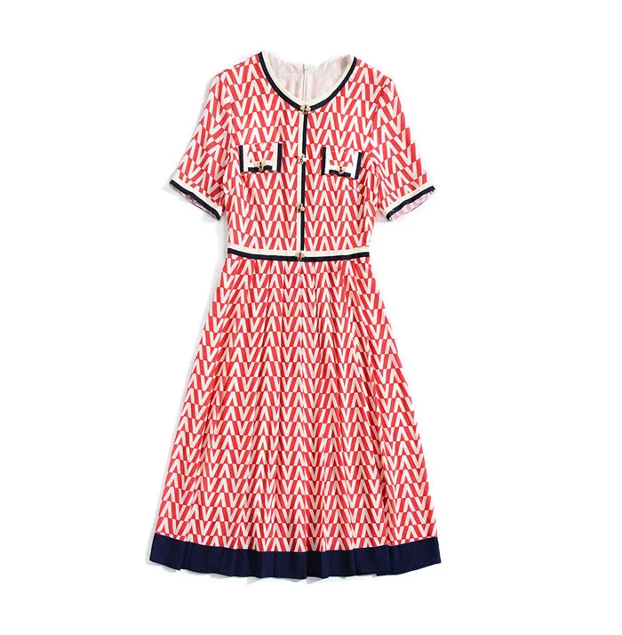 Летнее весеннее винтажное женское платье vestidos высокого качества модное офисное платье с круглым вырезом и принтом для женщин - Цвет: Розовый