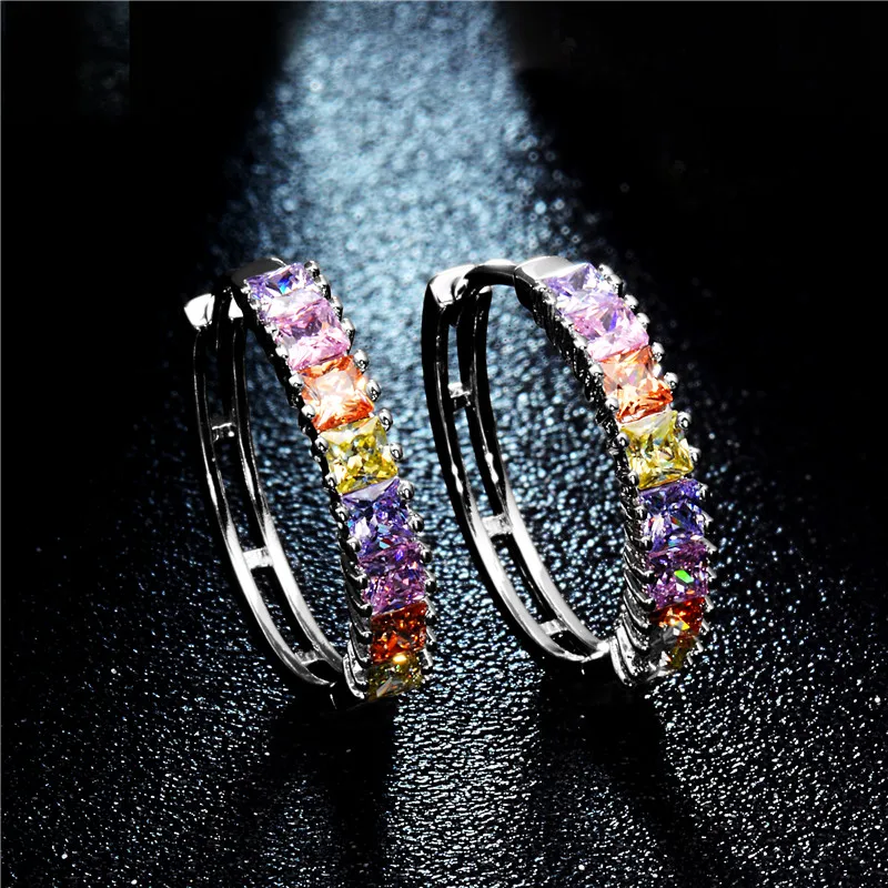 

QCOOLJLY 1 Pair Silver Color Bijouterie pendientes brincos Round Colorful CZ Zircon Hoop Earrings For Women Jewelry Party Gift