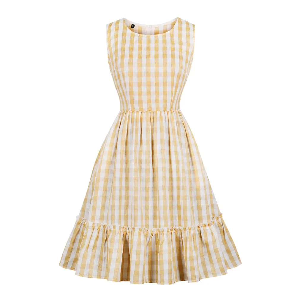 

2019 New Women Summer Ruffle Yellow Check Vintage Dress with Pocket Sleeveless Elegant Ladies Woman Frill Retro Plaid Dresses