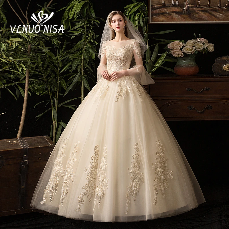 

100% Real Photo Robe De Mariee Lace Applique Wedding Dress Boat Neck Flare Sleeve Plus Size Bridal Ball Gown Vestido De Noiva 30