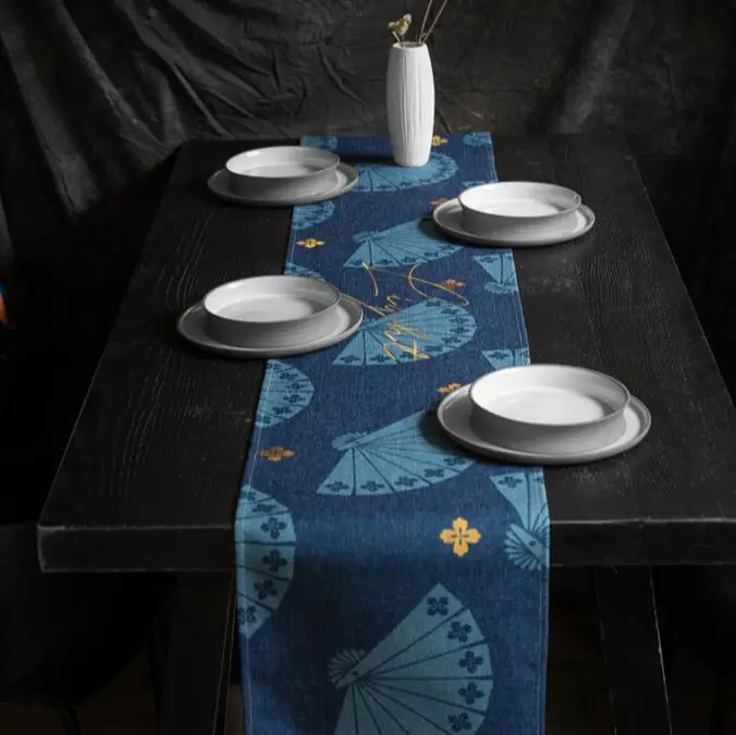 

Linen Table Runner Japanese Style Fan Pattern Table Runners Dustproof Runners bed runner Home Textile Wedding Decoration