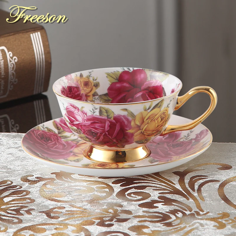 

Pastoral Rose Bone China Tea Cup Saucer Spoon Set 200ml Europe Advanced Porcelain Coffee Cup Cafe Ceramic Floral Teacup Dropship
