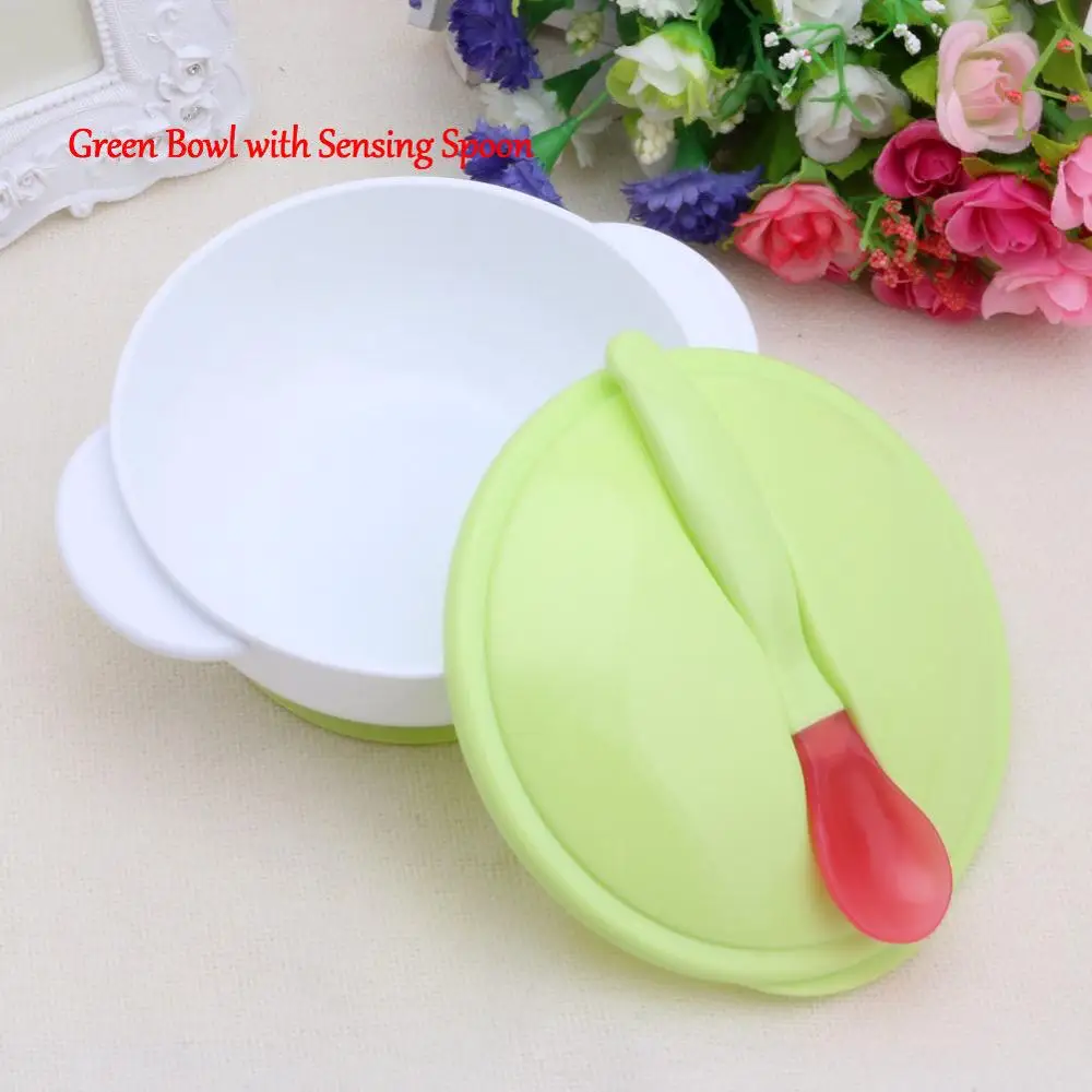 Happy kids Детская миска на присоске Нескользящая посуда для кормления младенцев миска+ ложка APR19_30 - Цвет: Green Sensing