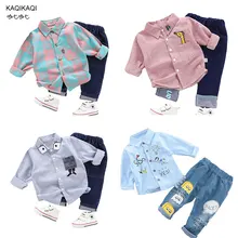 Одежда для маленьких мальчиков рубашки в полоску с длинными рукавами Топы, джинсовые штаны Одежда для младенцев Bebes повседневные Костюмы цельнокроеная рубашка цельнокроеная одежда