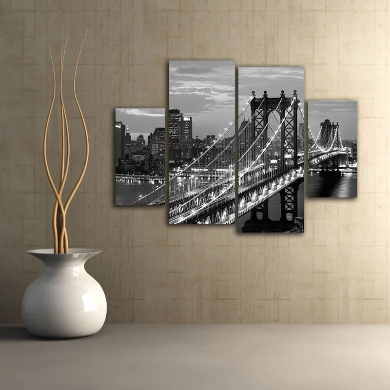 

4Pcs Black and White City Bridge Night View Canvas Painting for Living Room Wall Art Prints Home Decor Free Shipping Unframed