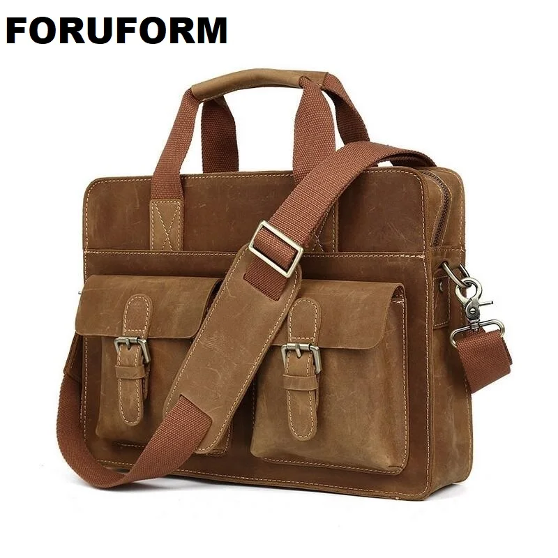 

14 Inches Laptop Business Bag Men Genuine Crazy Horse Leather Antique Style Briefcase Business Cases Messenger Bags Tote LI-644