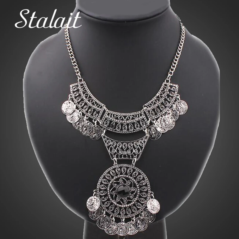 

Fashion Africa Antique Silver Color Tassel Coin Round Statement Chokers Necklaces Jewelry For Women Wedding Dress Accessories
