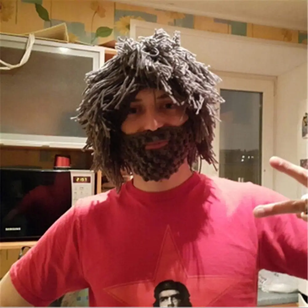 Креативная забавная шерстяная пряжа вязанная Хобо пещерный парик борода Мужская Зимняя Маска Шапочка