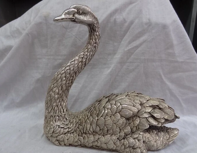 

JP S0608 11" Chinese Silver Animal Swan Pond Goose Cottage Wildlife Goosey Bronze Statue B0403
