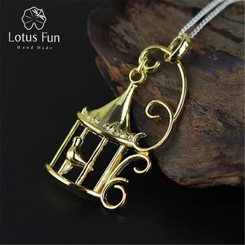 

Lotus Fun Real 925 Sterling Silver Handmade Designer Fine Jewelry Creative Bird in Cage Pendant without Chain for Women