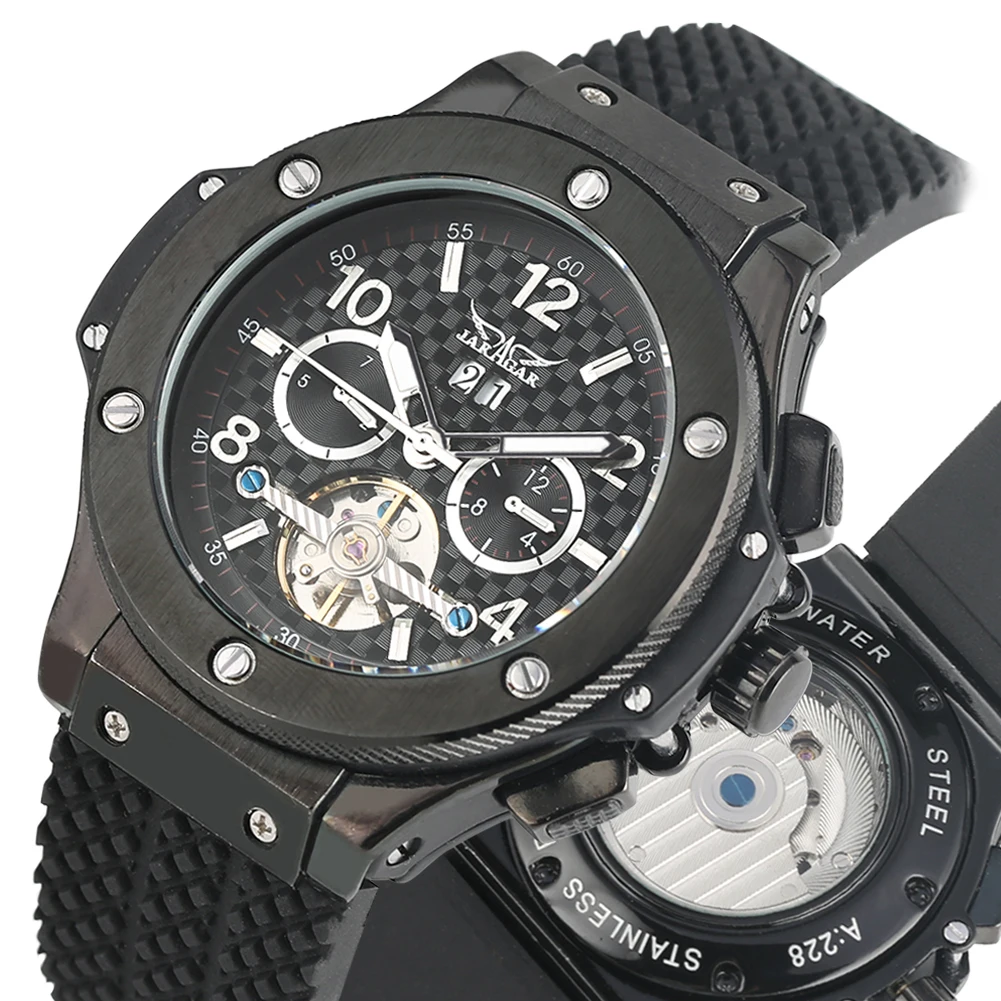 

Men Watch Automatic Self Winding Waterproof Silicone Watch Strap Cool Black JARAGAR Brand Sport Clock Male Gifts Reloj Hombre