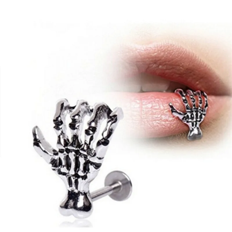 1 шт. для женщин мужчин Панк Череп Дьявол рука Кайли губ пирсинг ювелирные изделия скелет Labret