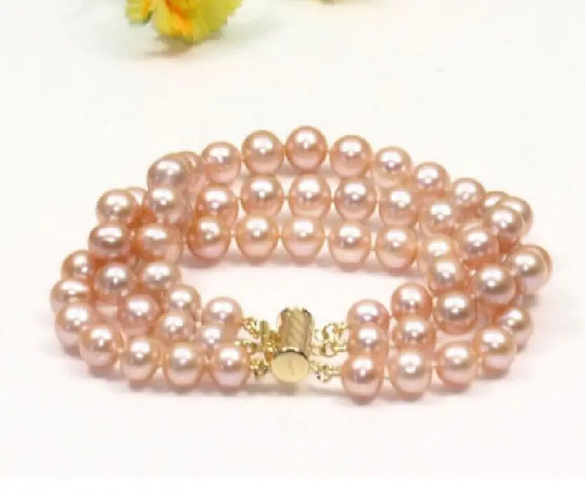 

Charming 3 strands 8-9mm south sea pink pearl bracelet 7.5-8" 14k gold clasp ^^^@^Noble style Natural Fine jewe SHIPPING