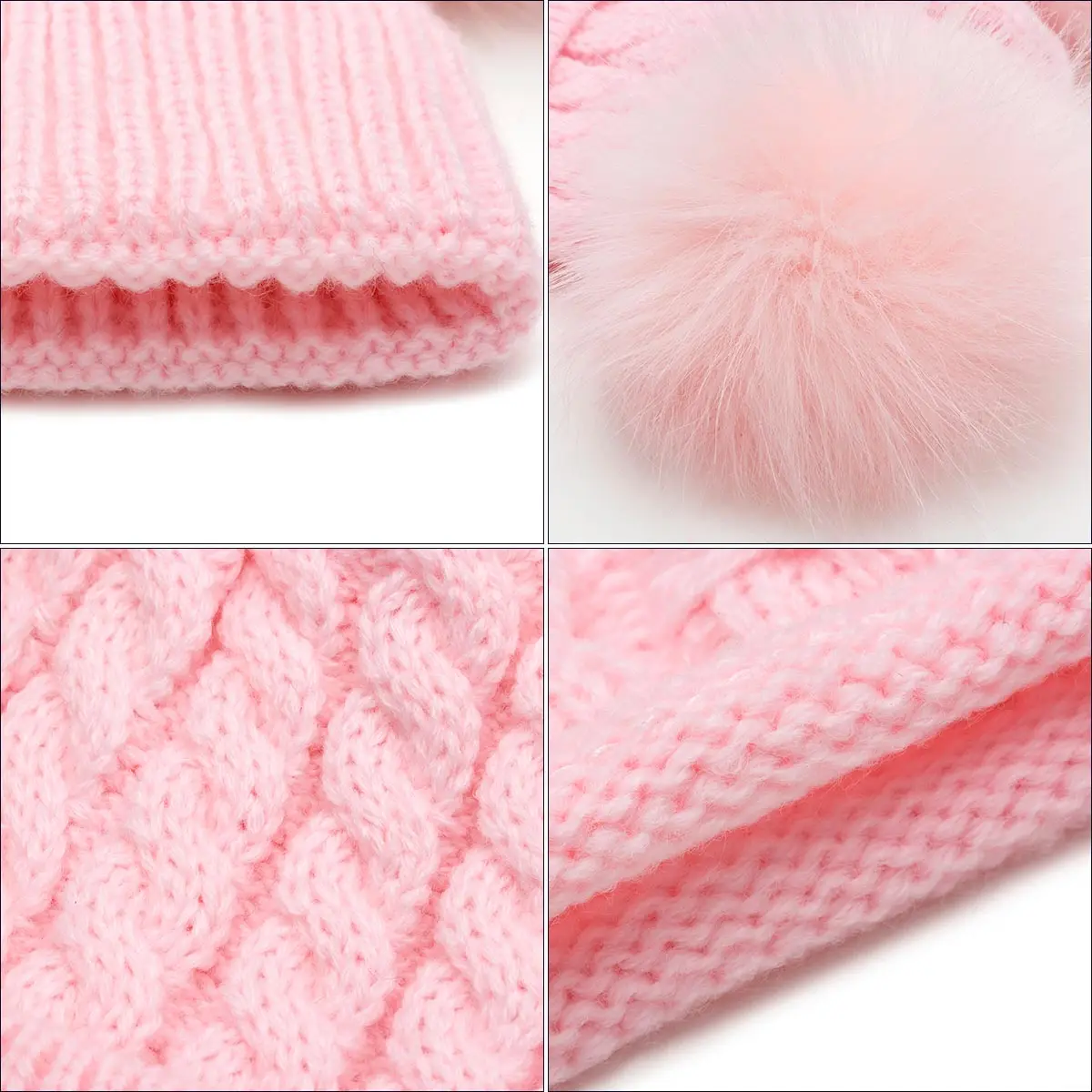 New Arrival Children Winter Thicken Braided Knitted Hat Scarf Set Solid Color Cute Fluffy Pompom Ball Beanies Scarf Set