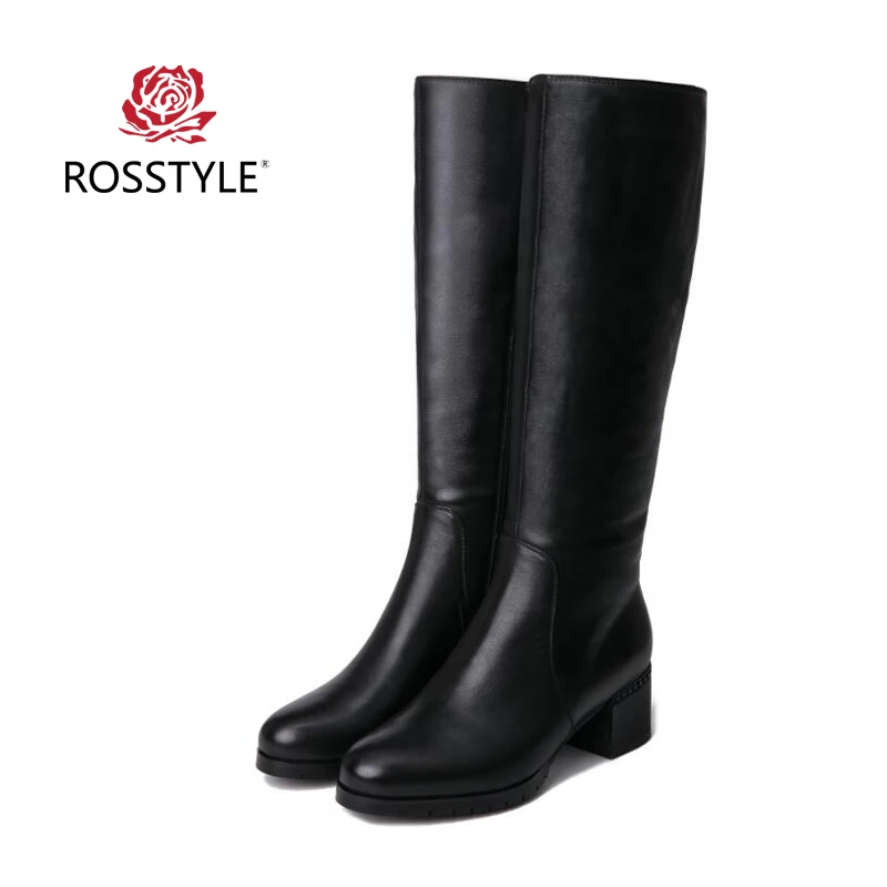 

ROSSTYLE The Largest Size 35-41 Winter Knee-High Boots Cow Leather Women Boots High Quality Short Plush Warm Black Snow Boots H2