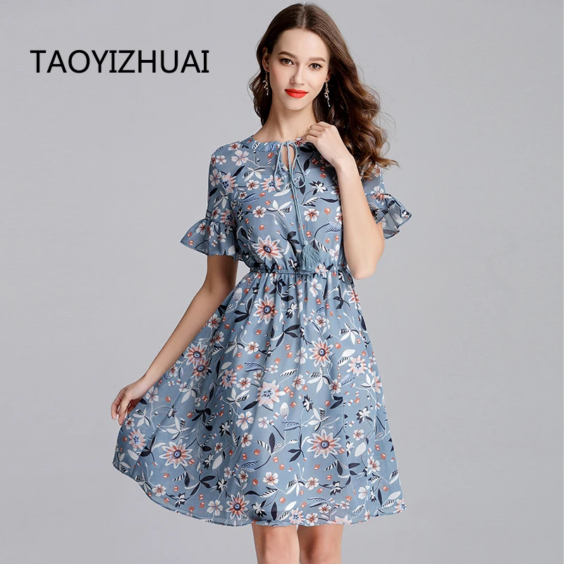 TAOAYIZHUAI летнее ТРАПЕЦИЕВИДНОЕ расклешенное платье с коротким рукавом из двух частей с модным цветочным принтом размера плюс длиной до колена женское шифоновое платье 11672