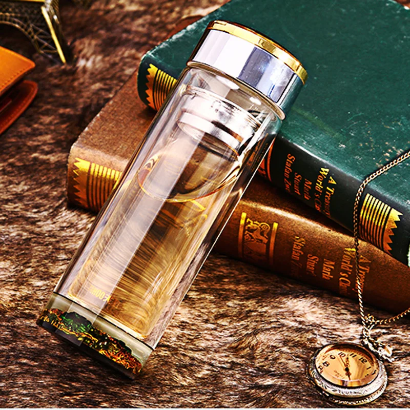 

Brief Drinkware Water Bottle Thicken High Borosilicate Glass Double Wall Glass Bottle with Tea Infuser 320ml Creative Gift