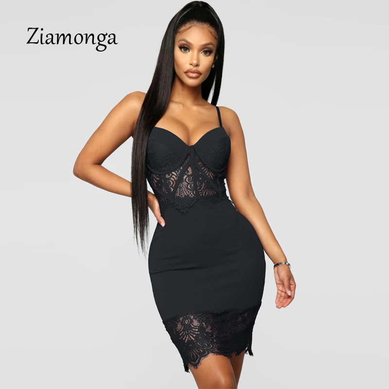 Ziamonga Sexy Solid Lace Spaghetti Straps Bodycon Dress 2022 New Summer Women Slash Neck Mini Dress Female Party Club Dresses