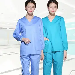Для женщин классический медицинская Униформа с v-образным вырезом с длинным рукавом скраб Топ + штаны медицинские скрабы хирургии скрабы