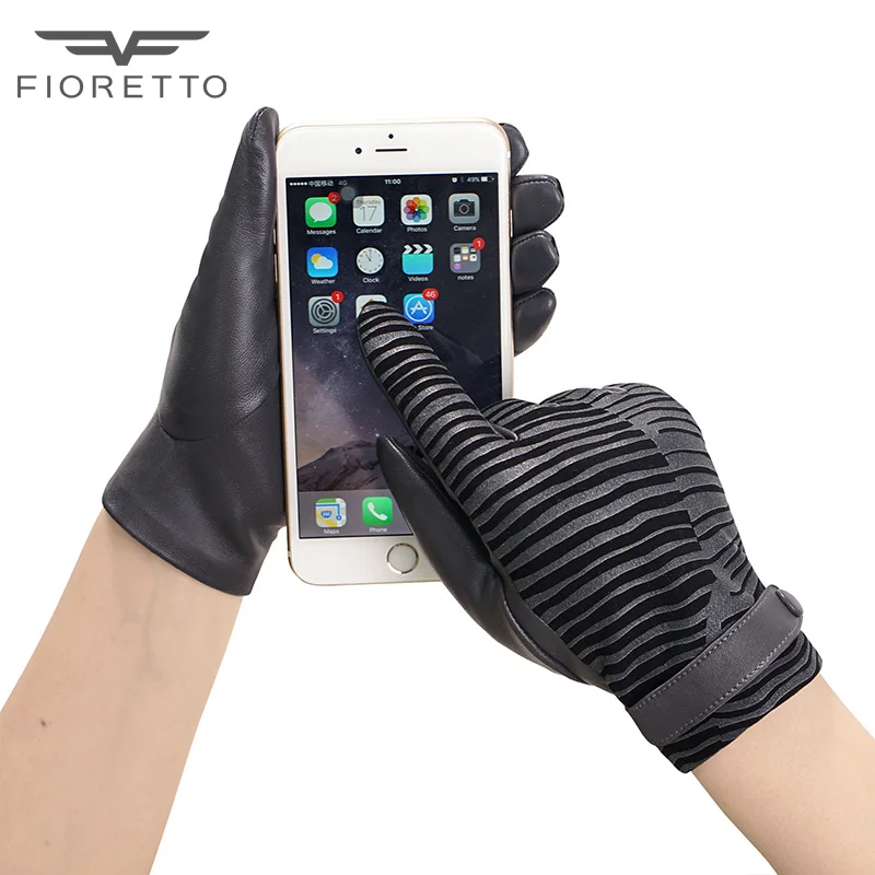 

FIORETTO Black Geniune Leather Gloves for Women Knitted Wool Cashmere Lining Touch Screen Winter Leather Driving Gloves Mittens