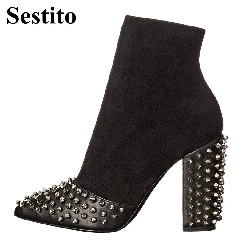 

European Sexy Rivet Flock Pointed Toe Patchwork Ankle Boots Women Spring/ Autumn Hoof Heels High Heels Side Zipper Ladies Shoes