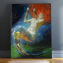 Картина маслом в виде русалки, настенная художественная Фэнтези, винтажная картина для девочек, печать на холсте для гостиной, украшение для гостиной