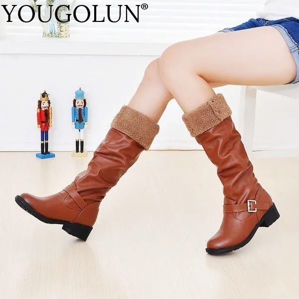 

PU Knee High Boots Women Autumn Winter Elegant Ladies Low Heels A256 Fashion Woman Black Brown Yellow Button Square Heel Boots